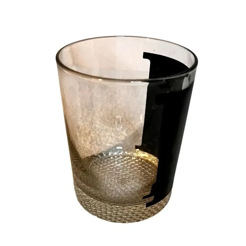 Vintage Modern Glass Monogram Lowball Black Bold Letter H Glassware 4in Tall